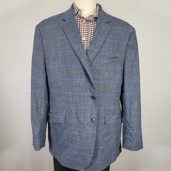 Joseph Abboud Men's Sport Coat Blazer Two Button Blue Plaid Poly‎ Blend Size 52L